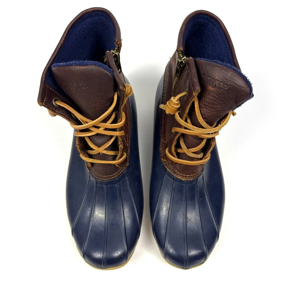 Sperry Saltwater Duck Boots‎ Womens Sz 8.5 Blue Brown Waterproof Rubber Leather